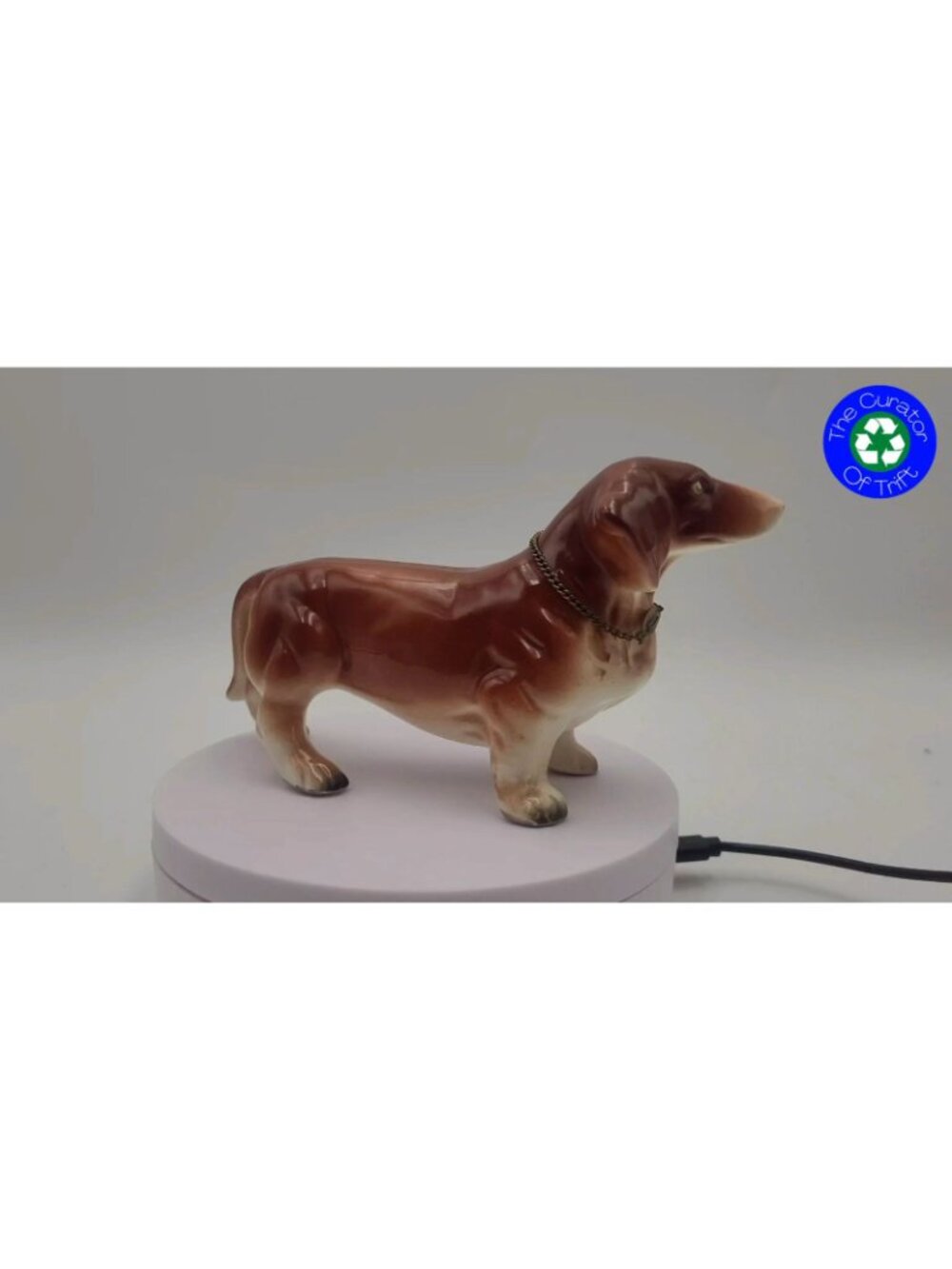 Ceramic Dachshund Dog Hand Painted Figurine Red Brown Collar Chain Japan - Picture 2 of 12
